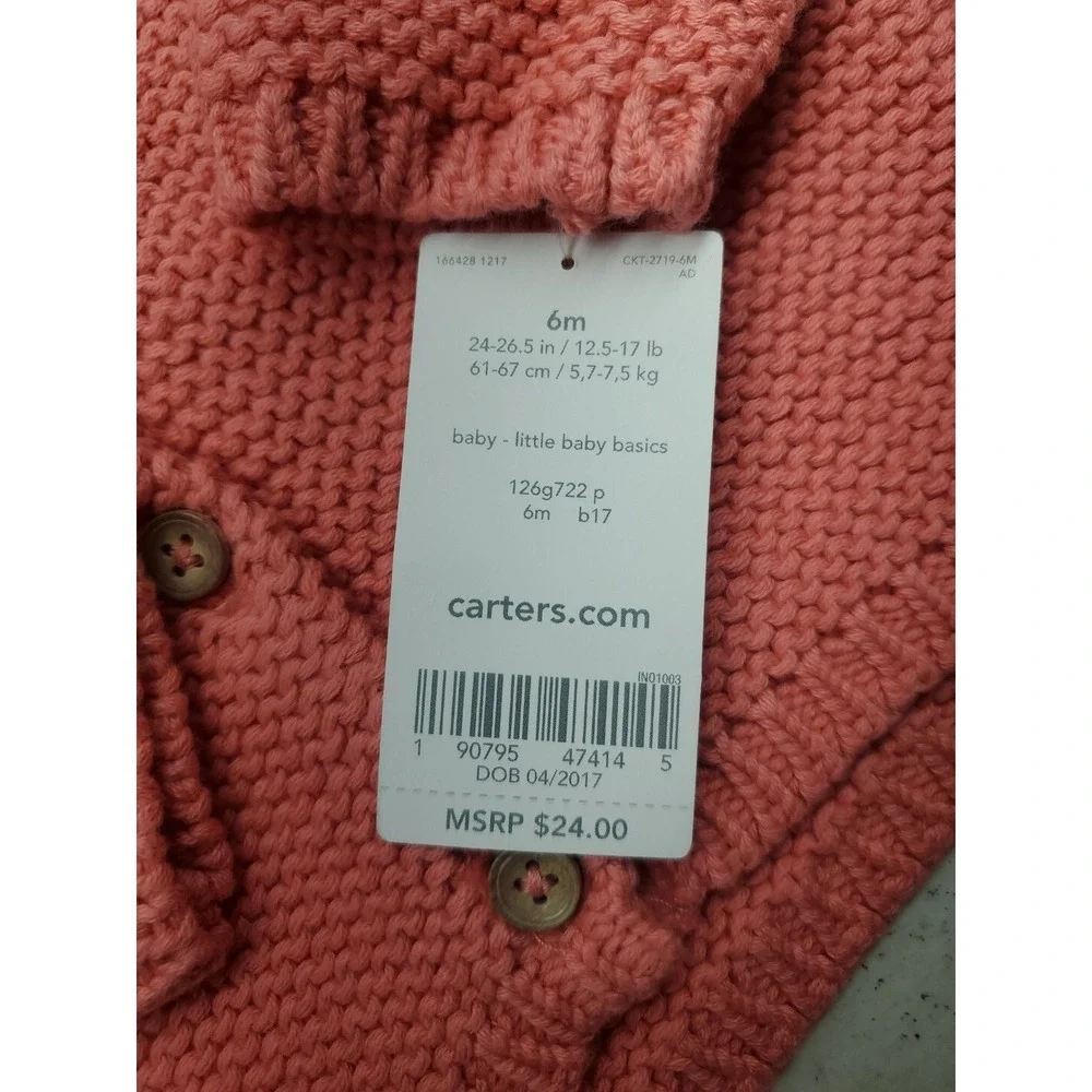 Carter's Girls' Coral Pink Hooded Knit Sweater w/Bear Ears Size 6m NEW!